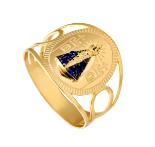 Anel Nossa Senhora Aparecida com Safira Natural Ouro 18k