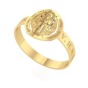 Anel São Bento Detalhe Letras Laser Ouro 18k
