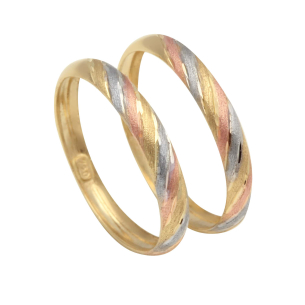 Anel Par de Aparador Tricolor Diamantado Diagonal Ouro 18k