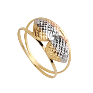 Anel Aro Duplo com Dois Corações Tricolor Diamantado Ouro 18k