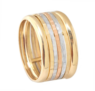 Anel Cinco Fios Diamantados Tricolor Ouro 18k