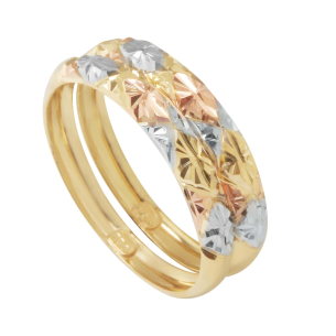 Anel Par Aparador Três cores Diamantados Aro Liso Ouro 18k