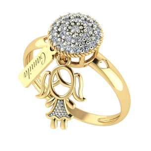 Anel Menina com Pingente, Plaquinha e Pedras Ouro 18k