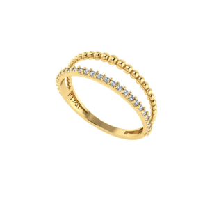 Anel Aro Duplo Bolinha e Fileira com Vinte e Sete Pedras de Zircônia Ouro 18k