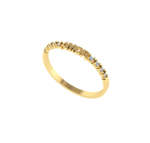 Anel Meia Aliança Amor com Pedras de Zircônia Ouro 18k