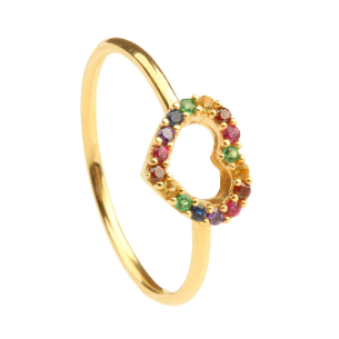 Anel Coração Rainbow Colorido Ouro 18k