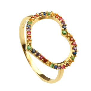 Anel Coração Grande Rainbow Colorido Ouro 18k