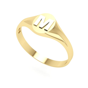 Anel Chancela Oval e Letra Branca Pequeno Ouro 18k
