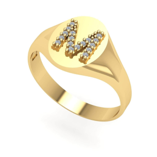 Anel Chancela Oval e Letra Cravejada Grande Ouro 18k