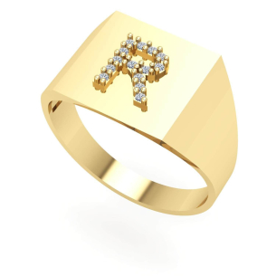 Anel Chancela Quadrado Letra Cravejada Ouro 18k