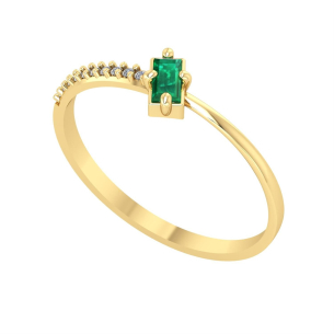 Anel Pedra Baguete Esmeralda e Diamantes Ouro 18k