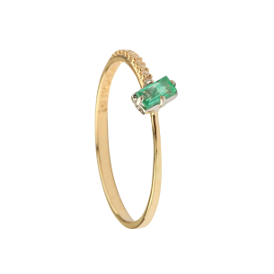 Anel Bicolor Pedra Baguete Esmeralda e Diamantes Ouro 18k