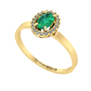 Anel Pedra Oval Com Esmeralda e Diamantes Ouro 18k
