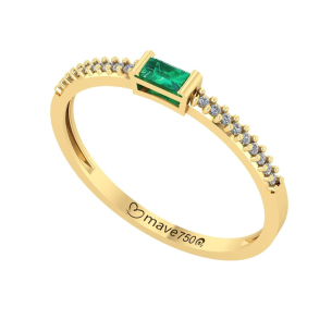 Anel Baguete Lateral Com Esmeralda e Diamantes Ouro 18k
