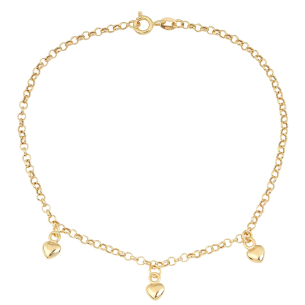 Pulseira Portuguesa Três Corações Lisos Ouro 18k