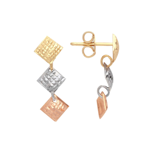 Brinco Três Quadrados Tricolor Diamantado Ouro 18k