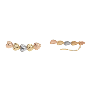 Brinco Ear Cuff Cinco Corações Tricolor Diamantado Ouro 18k