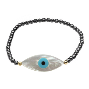 Pulseira Hematita/ Ouro 18k Madrepérola Olho Grego Ouro 18k