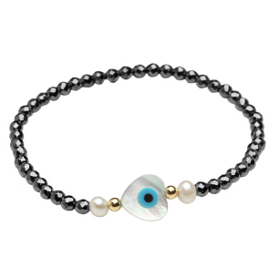 Pulseira Hematita/ Ouro 18k com Madrepérola de Olho Grego Ouro 18k