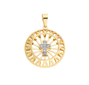 Pingente Mandala Bordada com Cruz de Diamantes Ouro 18k