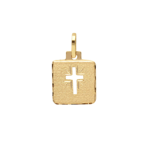 Pingente Placa de Cruz Vazada Diamantada e Fosca Pequeno Ouro 18k