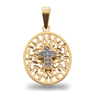 Pingente Oval Bordado de Cruz com Diamante Ouro 18k
