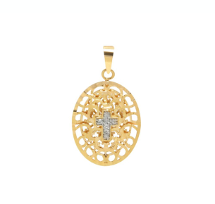 Pingente Oval Bordada com Cruz de Diamantes Ouro 18k