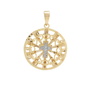 Pingente Mandala Bordada Cruz com Diamantes Ouro 18k