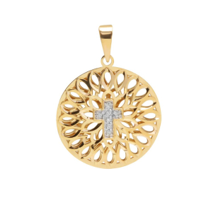 Pingente Mandala Bordada com Cruz e 7 Diamantes Ouro 18k