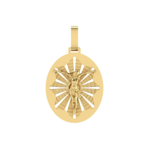 Pingente Oval Cristo com Fundo Bordado em Ouro 18k