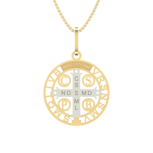 Pingente São Bento com Cruz em Ouro Branco e Ouro 18k
