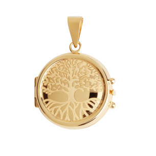 Pingente Relicário Redondo Gravado Árvore da Vida Ouro 18k