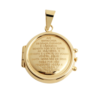 Pingente Relicário Redondo Gravado Ave Maria Ouro 18k