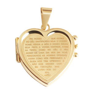 Pingente Relicário Coração Gravado Pai Nosso Ouro 18k