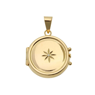 Pingente Relicário Redondo Estrela com Diamante Ouro 18k