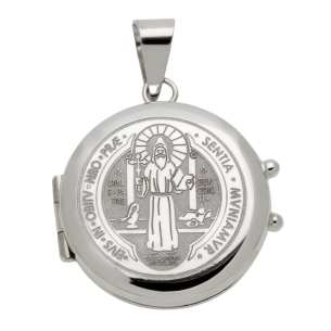 Pingente Relicário Redondo São Bento Ouro Branco 18k