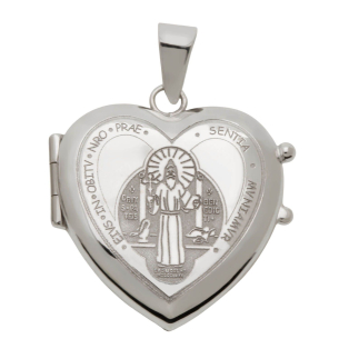 Pingente Relicário Coração São Bento Ouro Branco 18k