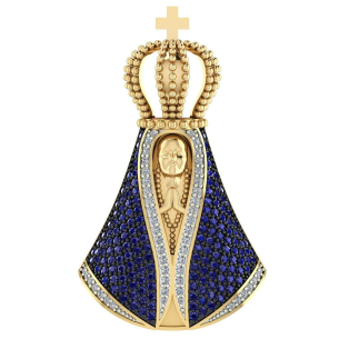 Pingente Nossa Senhora Aparecida Grande Manto Azul Ouro 18k