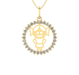 Pingente Menina Redondo Cravejado Ouro 18k