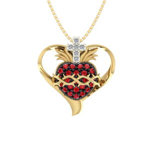 Pingente Sagrado Coração de Jesus com Coração Dourado Pequeno Ouro 18k