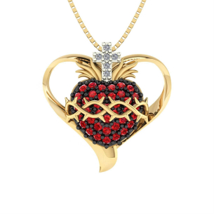Pingente Sagrado Coração de Jesus com Coração Dourado Médio Ouro 18k