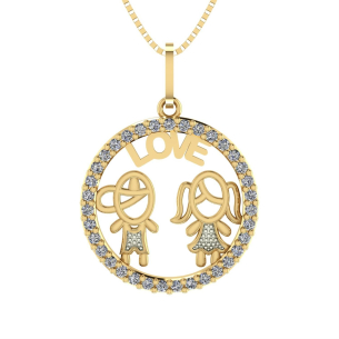 Pingente Casal Love Redondo Cravejado Ouro 18k