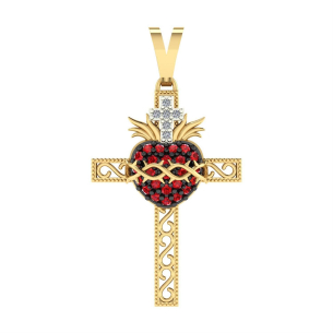 Pingente Sagrado Coração na Cruz Pequeno Ouro 18k