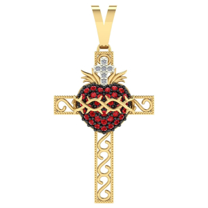 Pingente Sagrado Coração na Cruz Grande Ouro 18k