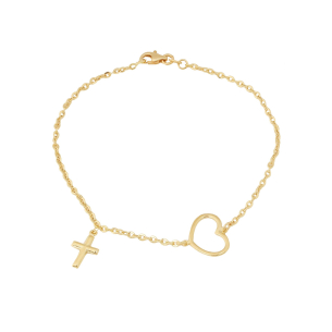 Pulseira Bailarina Coração e Cruz em Ouro 18k