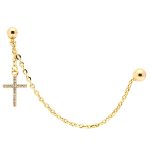 Brinco e Piercing Bolas com Cruz Cravejada Ouro 18k