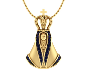 Pingente Nossa Senhora Aparecida Lisa com Pedras Ouro 18k