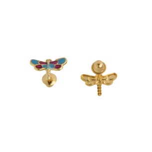 Brinco Baby Libélula com Resina Azul e Rosa Ouro 18k