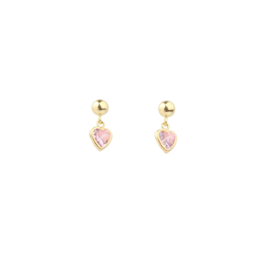 Brinco Baby Coração Cristal Pendurado Rosa Ouro 18k