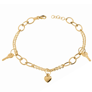 Pulseira Mix de Malhas Chave e Coração Ouro 18k